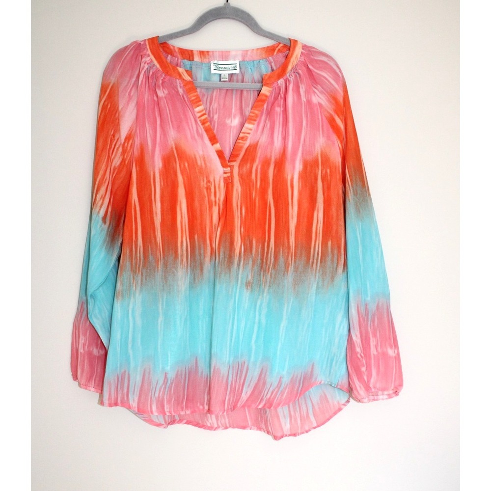 Shenanigans Pink Orange Turquoise Beach Summer Sheer Tie Dye Split Neck Blouse L